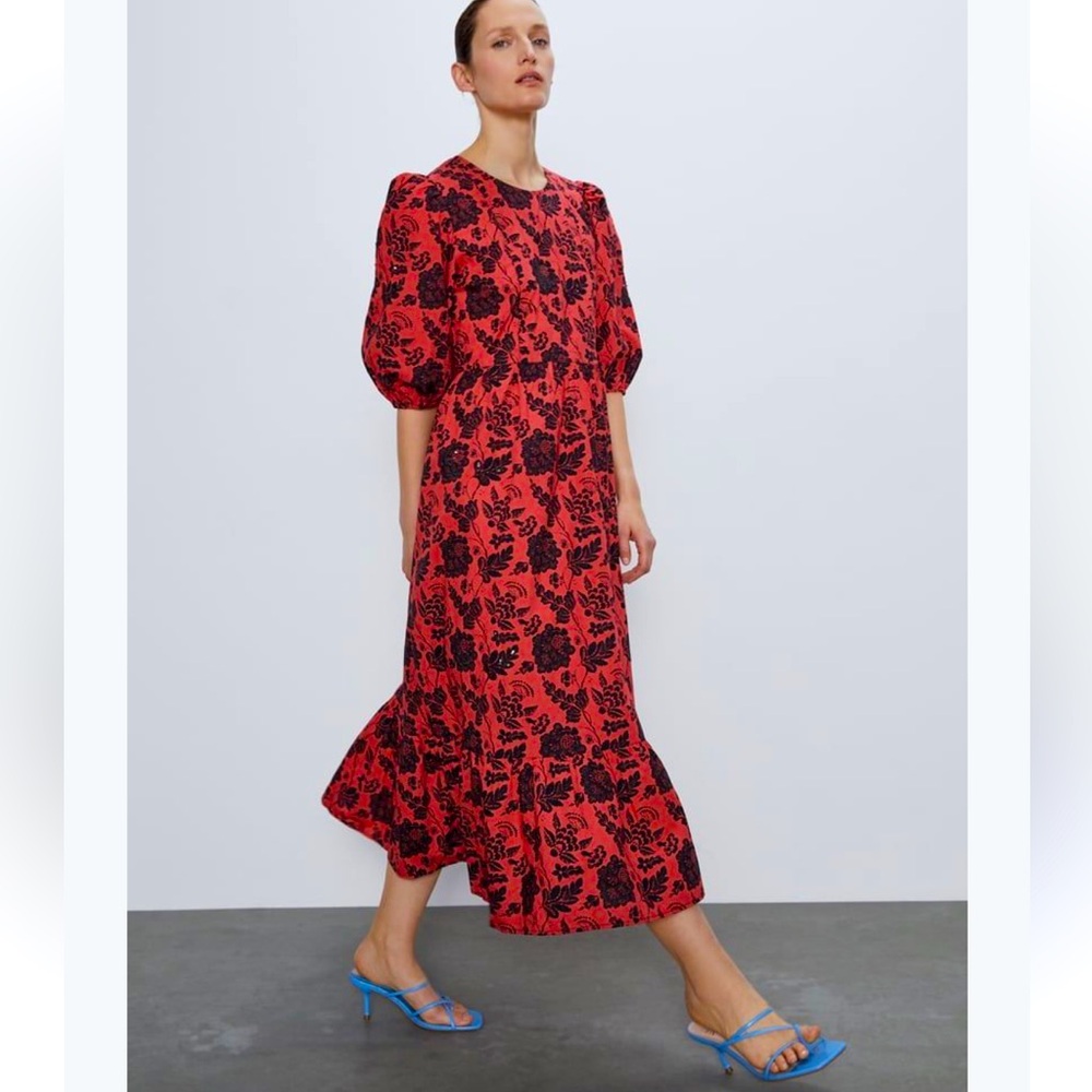Zara Red and Black Floral Maxi Dress